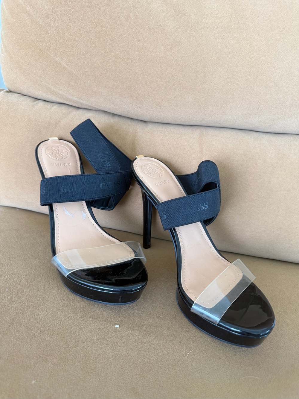 Guess Black Patent Heeled Sandals with Clear Toe Straps